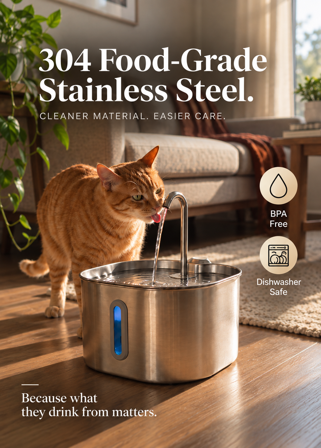 Pawqua™ 2.2L Stainless Steel Fountain + 2-Month Filter Kit