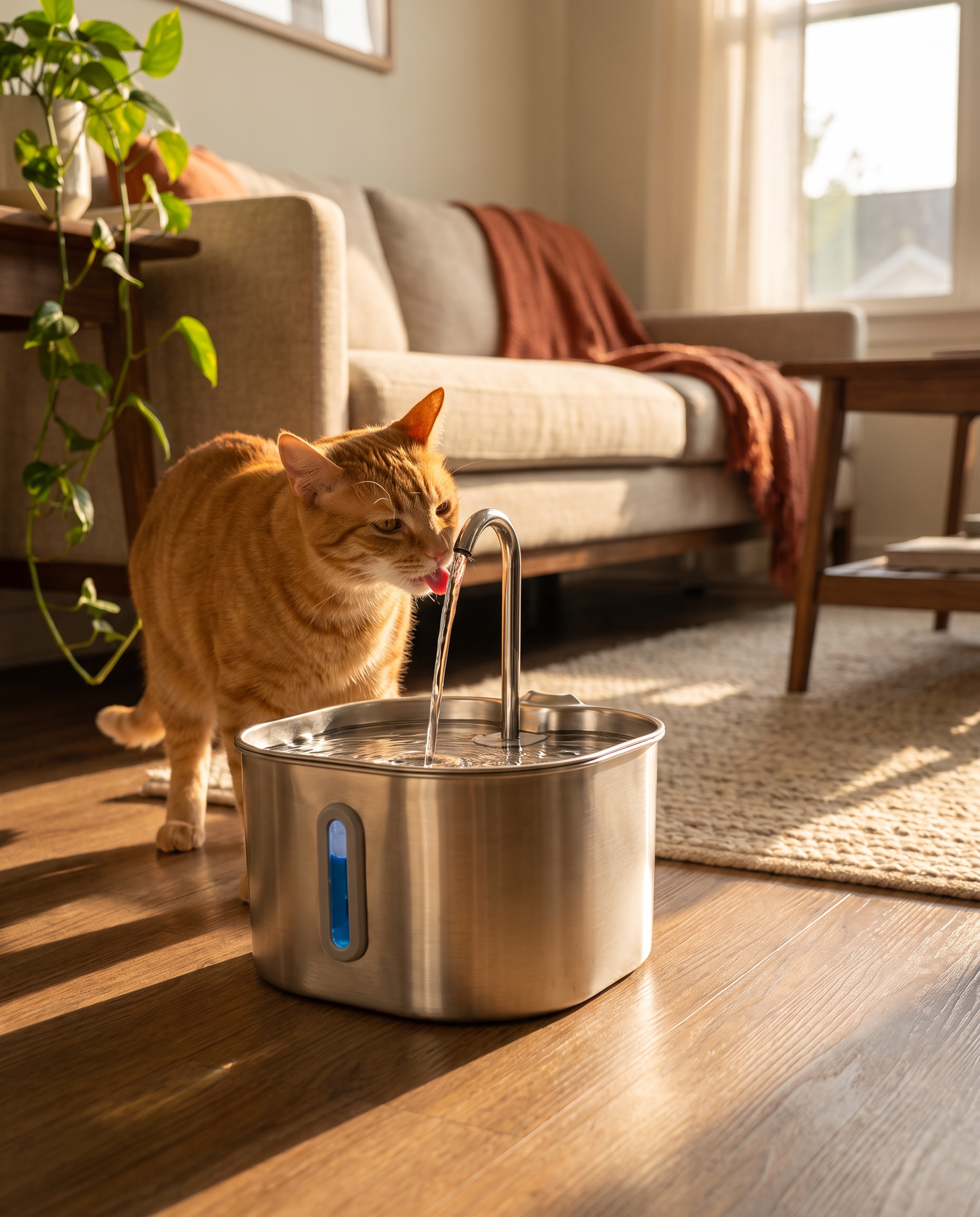 Orange cat drinking from a Pawqua stainless-steel water fountain